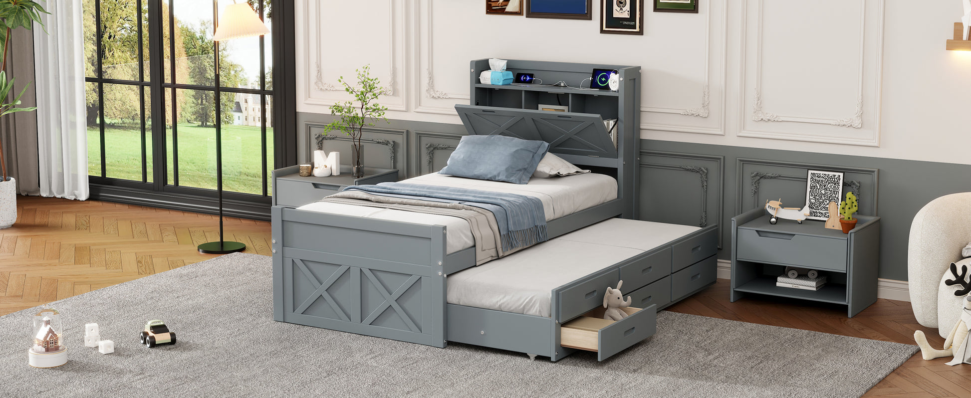 Twin Size Wooden Bed With Storage Headboard With Outlets, Extendable Bed With Twin Size Trundle With Three Storage Drawers,Gray Expected Arrival Time:8.23 Twin Gray Wood