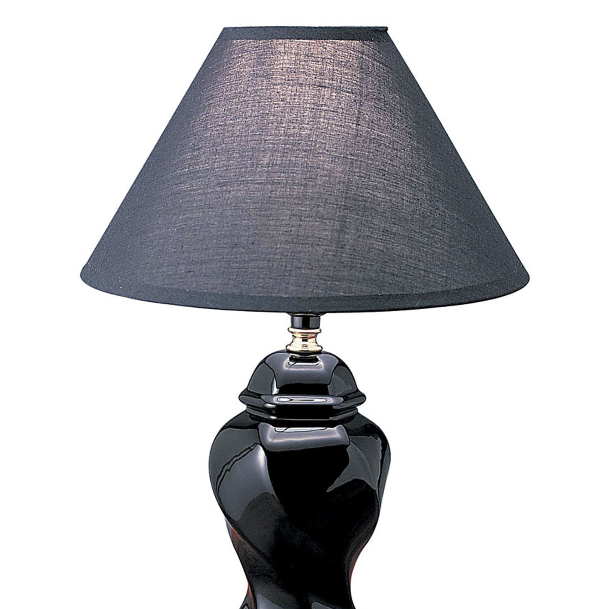 13" Tall Ceramic Table Lamp, Urn Shaped With Black Finish, Linen Shade Black Ceramic