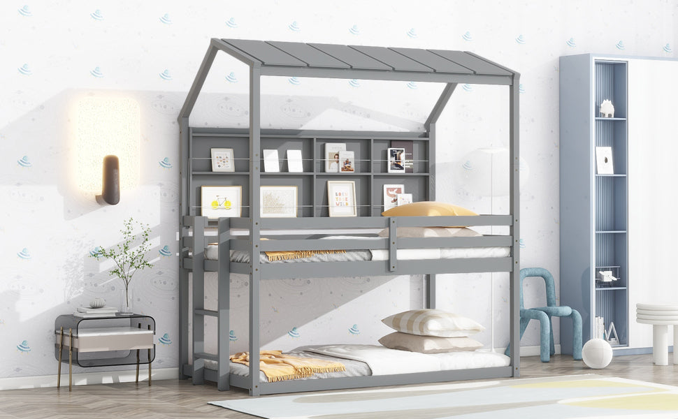 Twin House Loft Bed With Guardrails, Semi Enclosed Roof, Bedside Shelves And Ladder, Grey Twin Gray Bedroom American Design Pine Pine