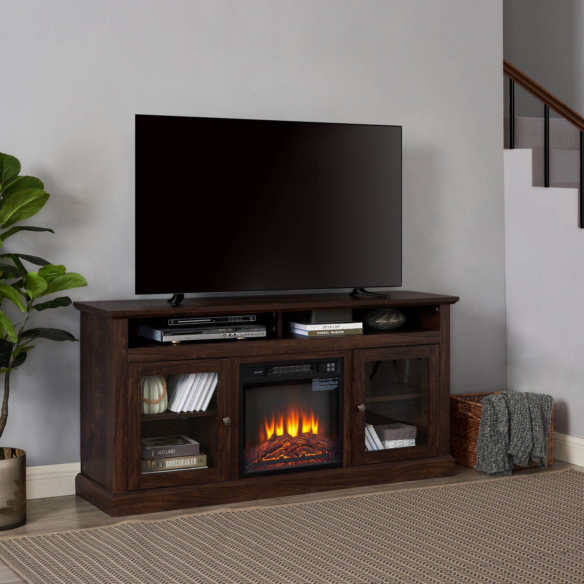 Modern Tv Stand Tv Media Stand Modern Entertainment Console With 18" Fireplace Insert For Tv Up To 65" With Open And Closed Storage Space, Brown, 60"W*15.75"D*29"H Brown 60 69 Inches Mdf