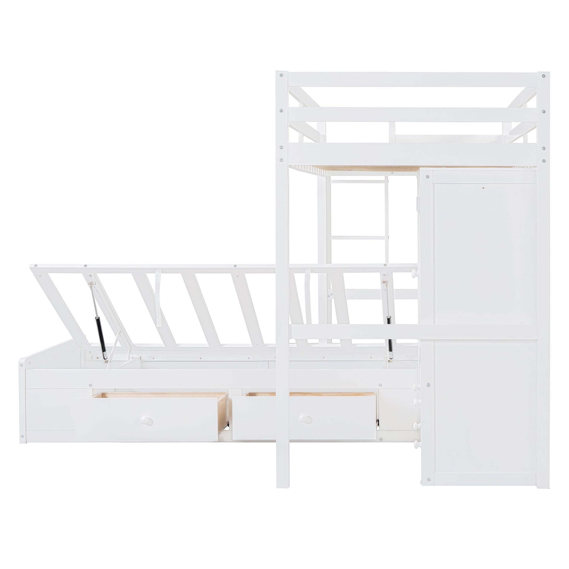 Twin Bunk Bed With Drawers, Wardrobe, Storage Shelves And Hydraulic Bed,White White Mdf Lvl