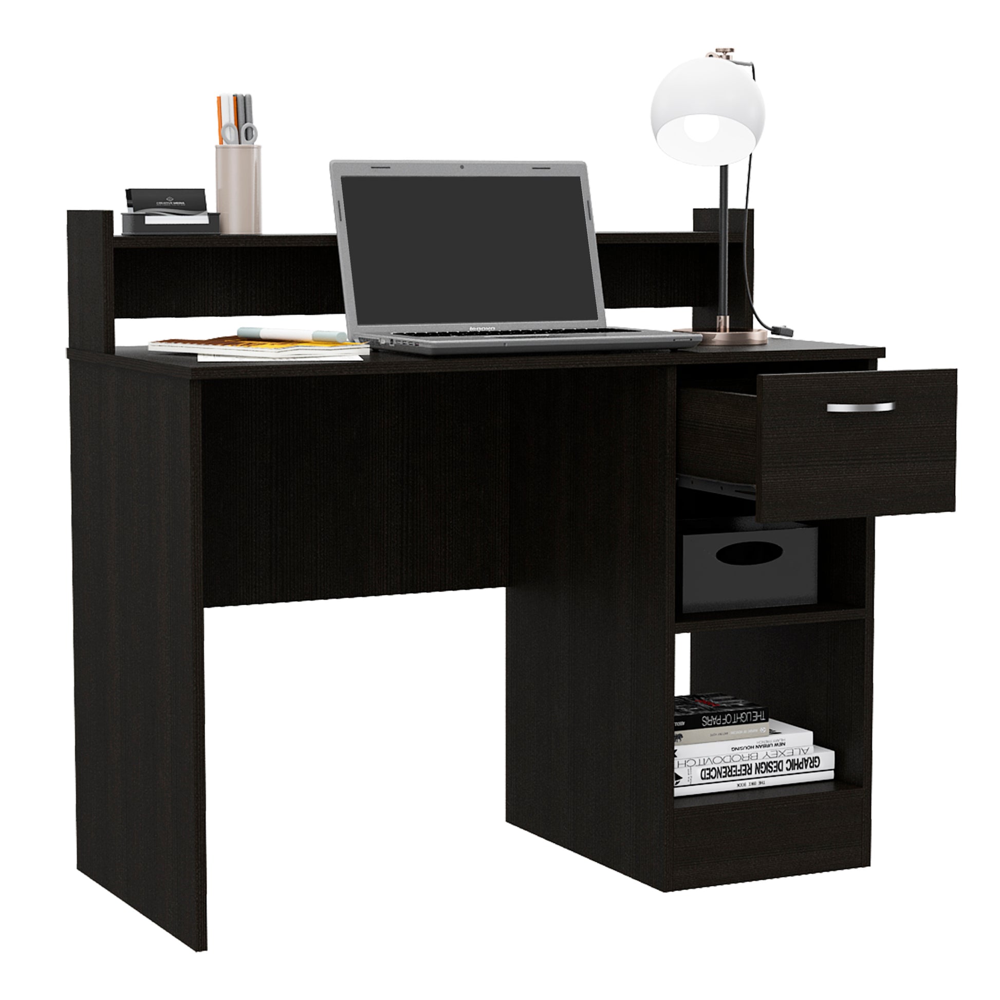 Manaos Writing Computer Deskmultiple Shelves, One Drawer Black Computer Desk Office Modern Freestanding Rectangular Open Storage Desk Rectangular Particle Board Engineered Wood