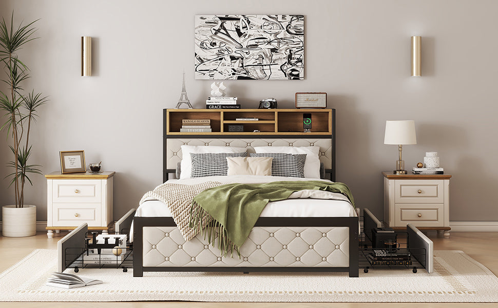 Metal Full Size Platform Bed With 4 Drawers, Upholstered Headboard And Footboard, Sockets And Usb Ports, Beige Full Beige Black Fabric Metal
