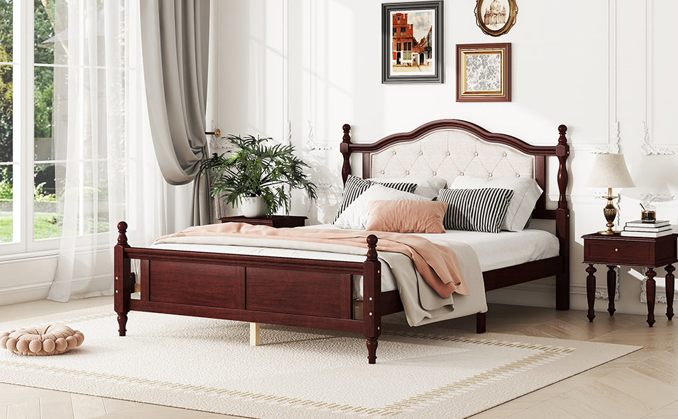 Queen Pine Wooden Bed With Upholstered Headboard And Panel Footboard, With Two Bed Rail Support Feet And Central Platform Support Feet ,Classic Cherry Queen Cherry Pine