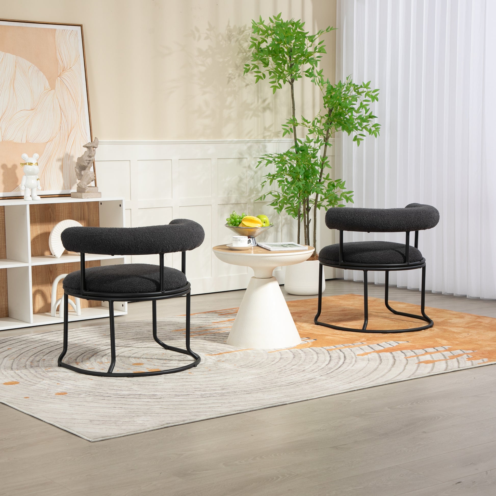 Coolmore Boucle Dining Chairs Set Of 2, Mid Century Modern Curved Backrest Chair, Round Upholstered Kitchen Chairs Carbon Black Boucle Carbon Black Foam Mdf Metal