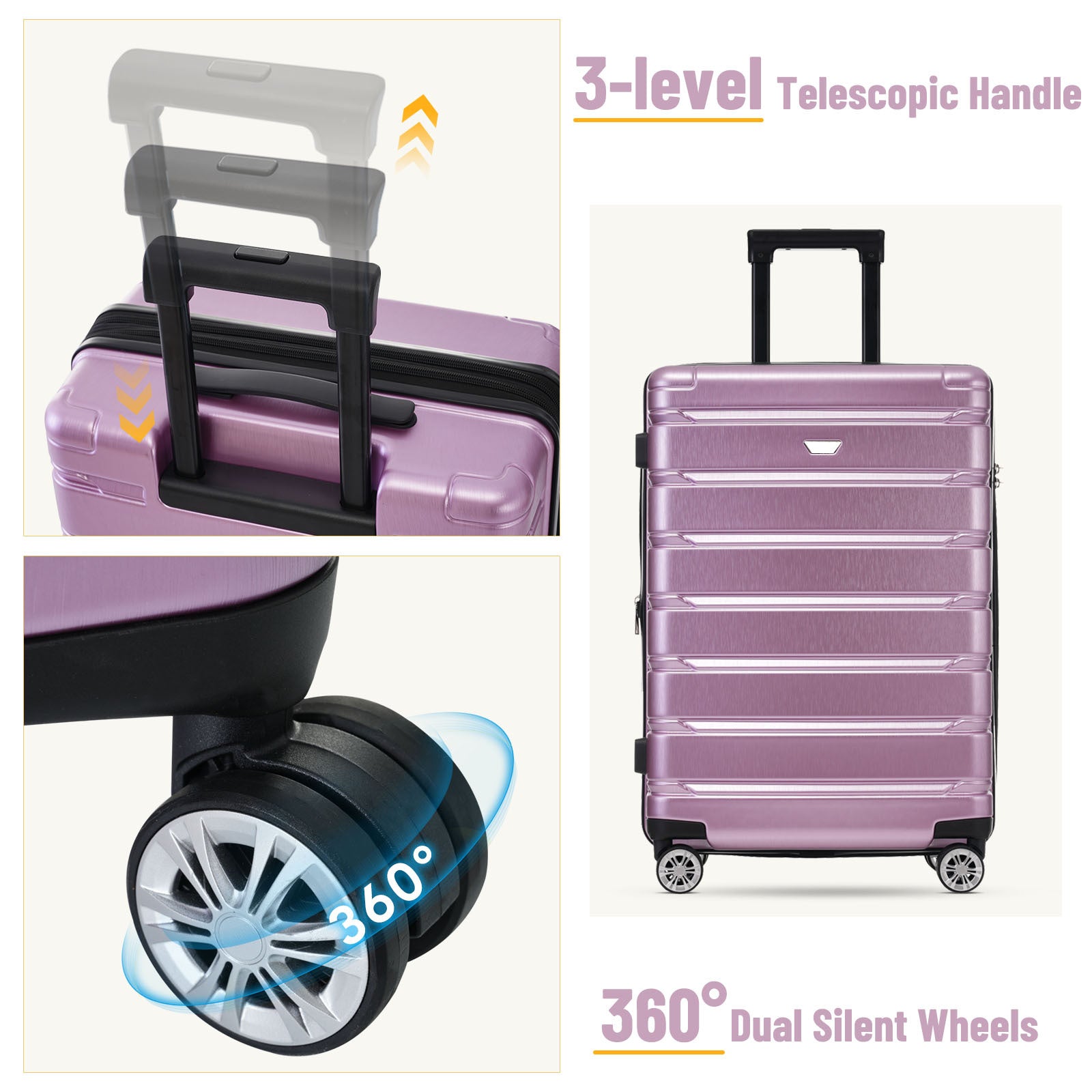 3 Piece Luggage Set Suitcase Set, Lightweight Durable Suitcase With Wheels And Tsa Lock, Expandable Travel Family Luggage For Men Women 20" 24" 27" Purple Abs Pc