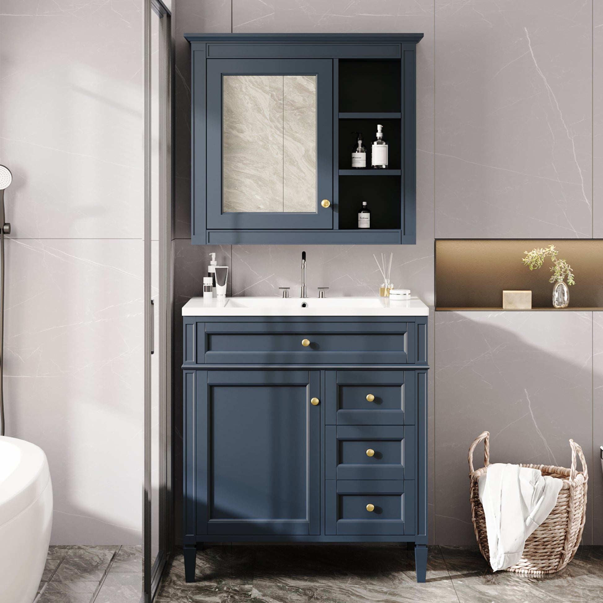 30'' Bathroom Vanity With Top Sink, Modern Bathroom Storage Cabinet With 2 Drawers And A Tip Out Drawer, Freestanding Vanity Set With Mirror Cabinet, Single Sink Bathroom Vanity 3 Blue 2 Mirror Included Bathroom Wall Mounted Modern Solid Wood Painted