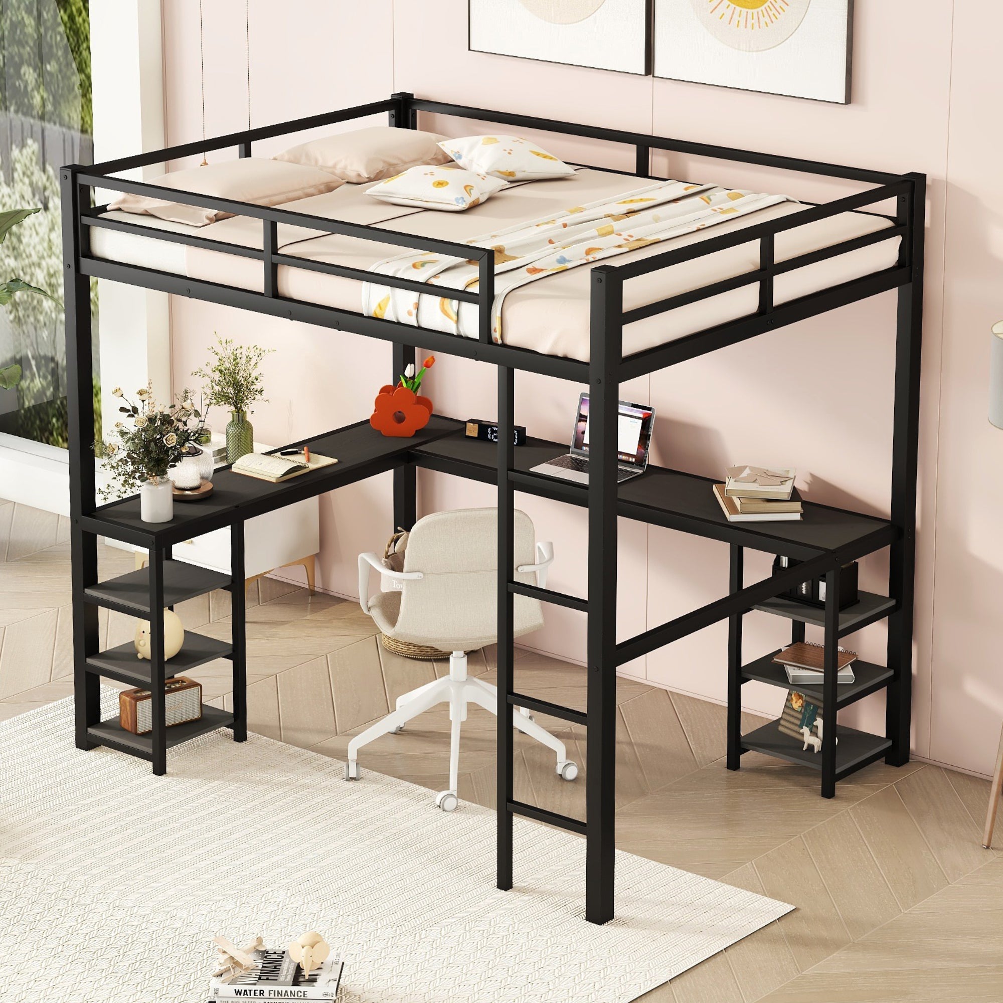 Full Metal Loft Bed With Desk And Shelves, Loft Bed With Ladder And Guardrails, Loft Bed Frame For Bedroom, Black With Black Desk Full Black Metal