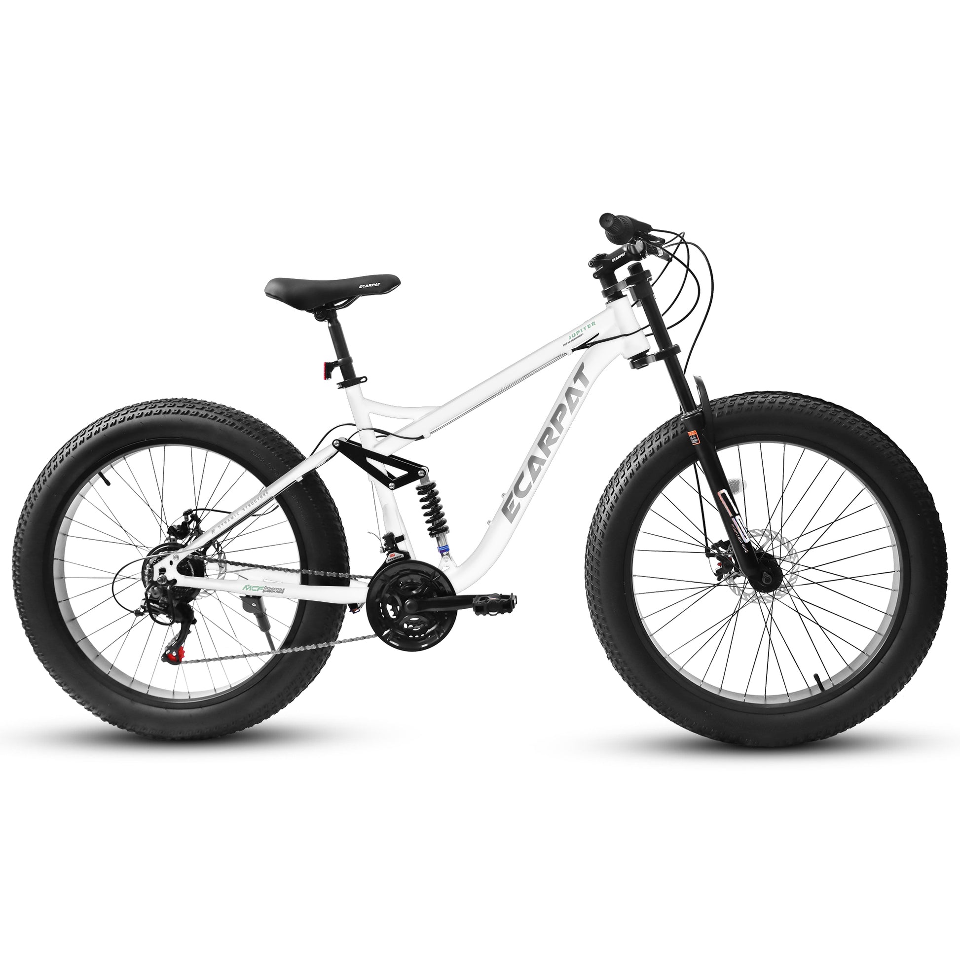 A26309 26 Inch Mountain Bike,Full Suspension 21 Speeds Drivetrain With Disc Brake Mtb Bicycle, 26*4" Fat Tire Bike For Men White Steel