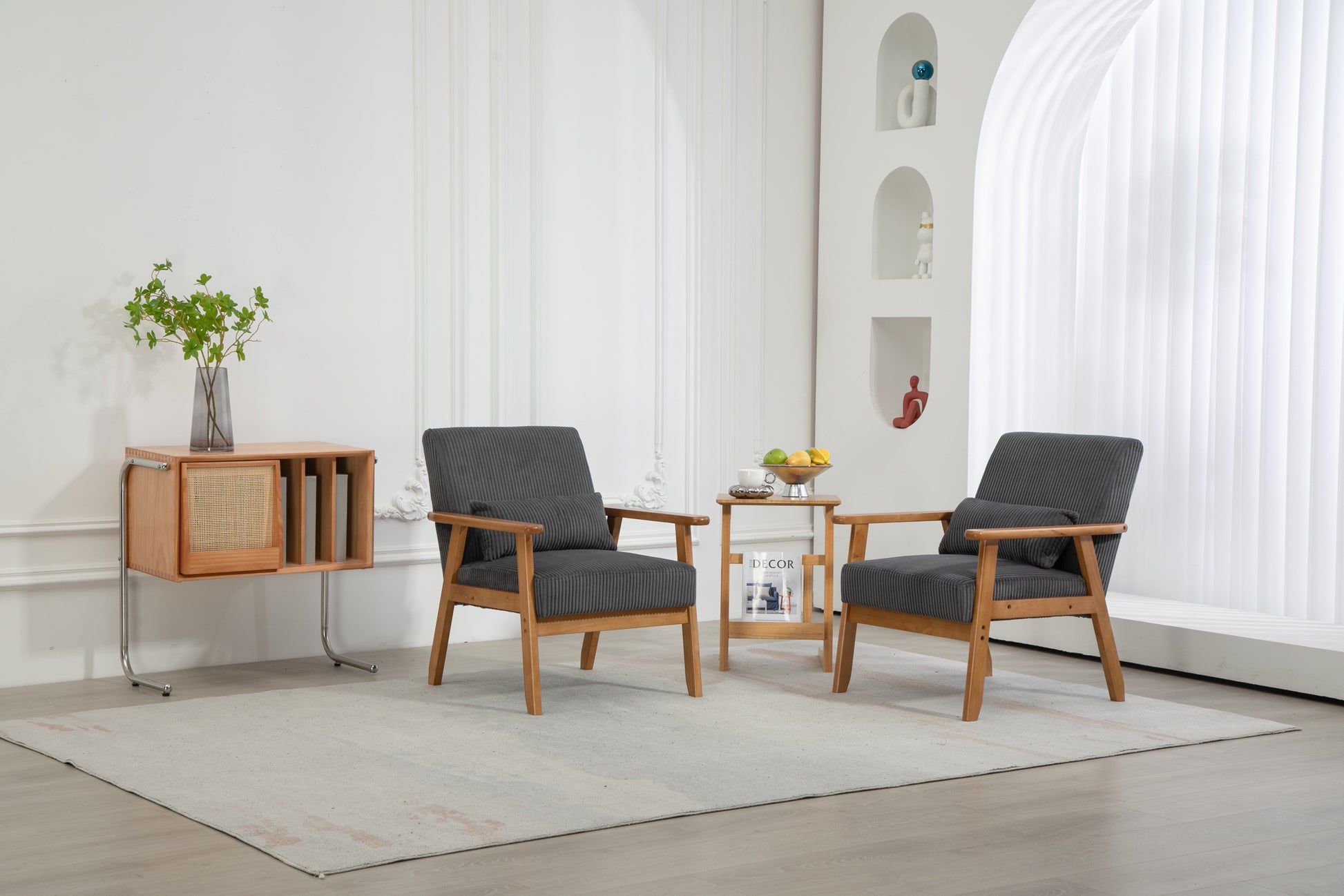 Leisure Chair With Solid Wood Armrest And Feet, Leisure Chair, Wood Frame, Velvet, L, Solid Rubber Wood Legs, Mid Century Modern Accent Chair, For Living Room Bedroom Studio Chair,Two Packs Dark Gray Corduroy