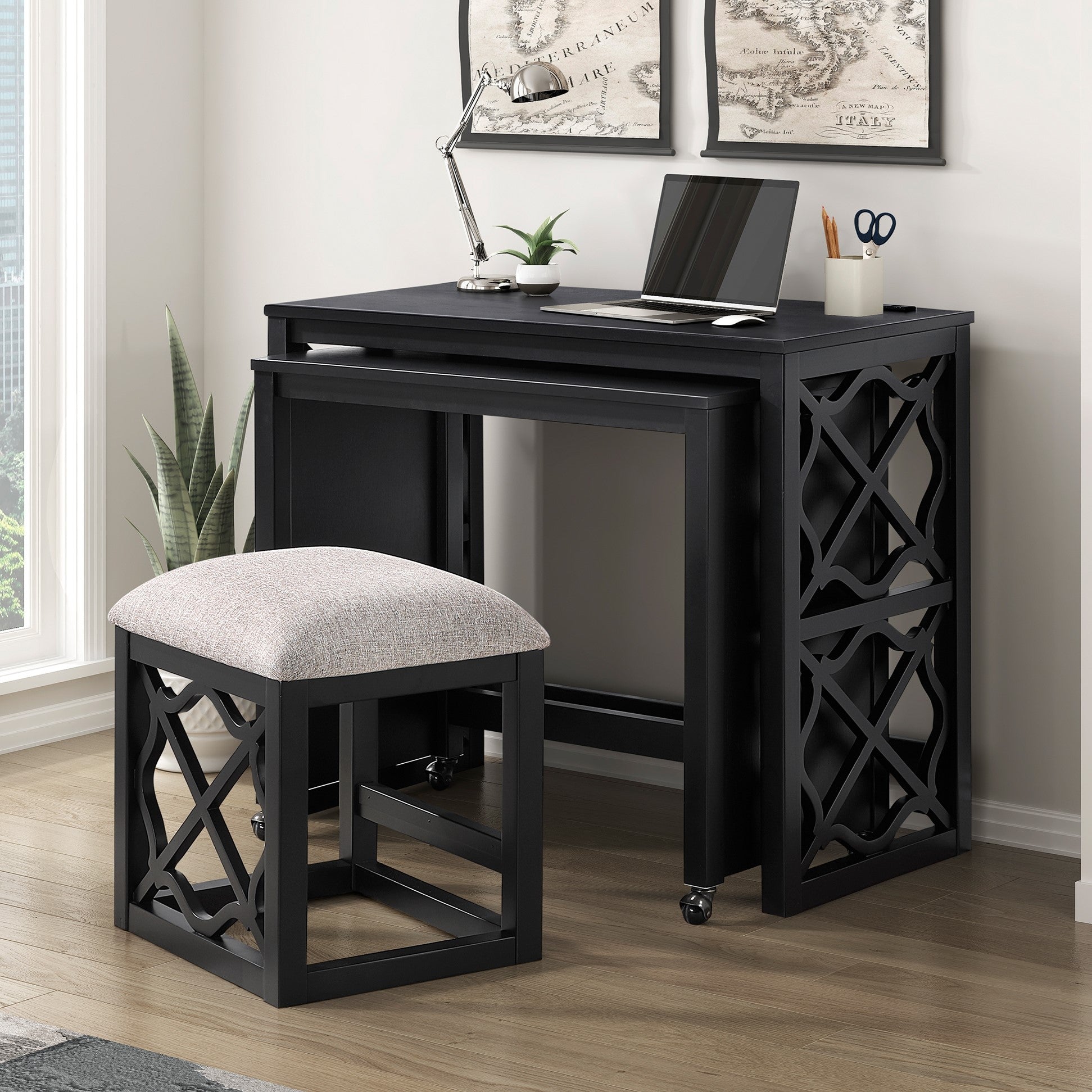 Desks And Stool Set 3Pc Black Finish Rolling Desk With Casters, 2 Charging Ports Home Office Furniture Black Primary Living Space Contemporary Desk Rectangular Wood