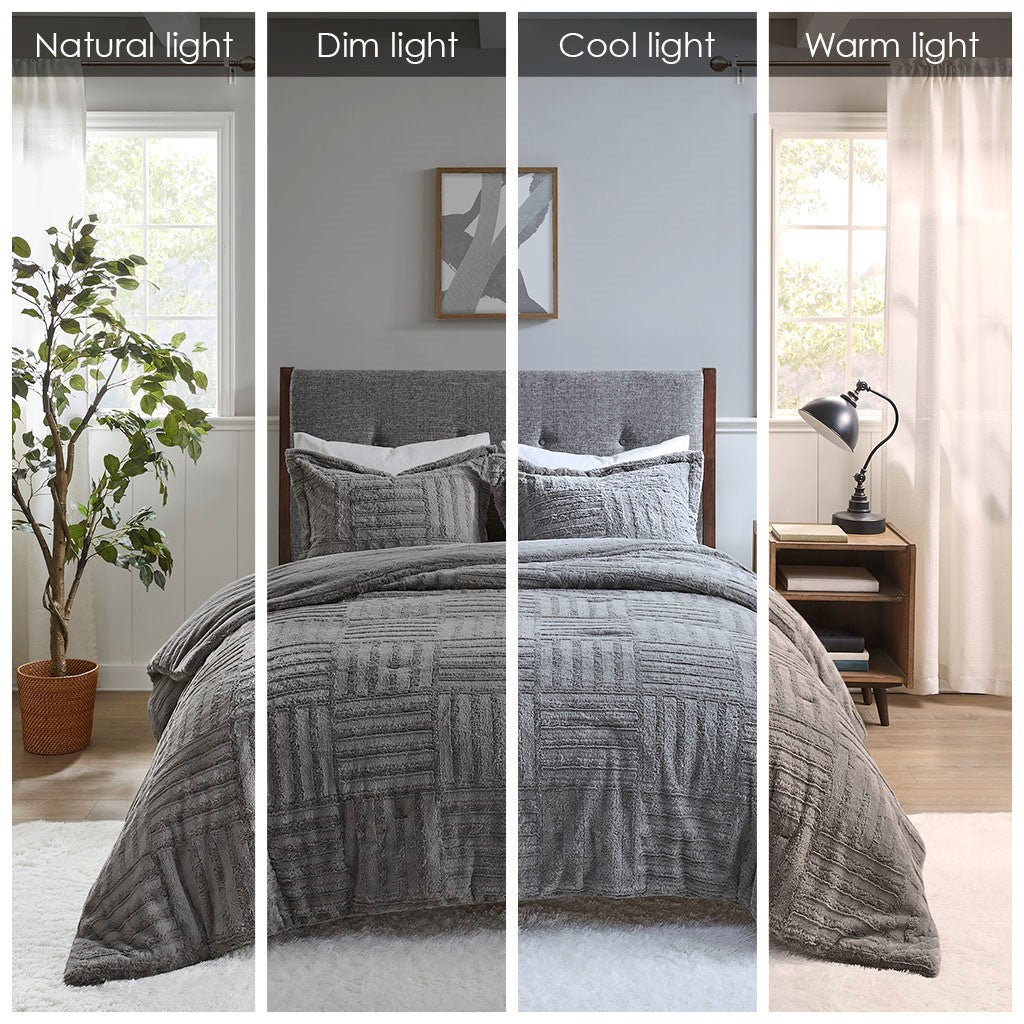 Fur Down Alternative Comforter Mini Set Queen Grey Faux Fur