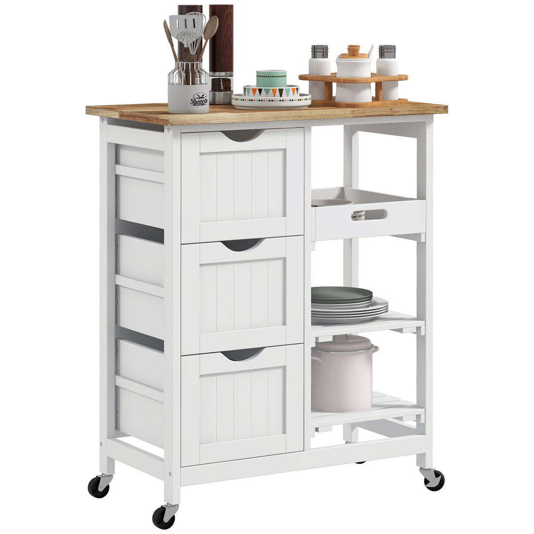 Homcom Rolling Kitchen Island Cart, Bar Serving Cart With Drawers, White White Mdf