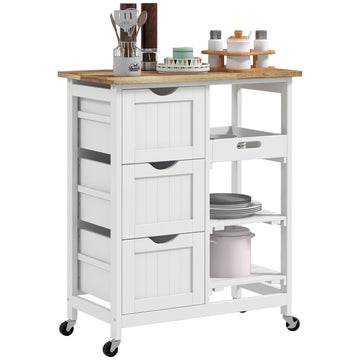 Homcom Rolling Kitchen Island Cart, Bar Serving Cart With Drawers, White White Mdf