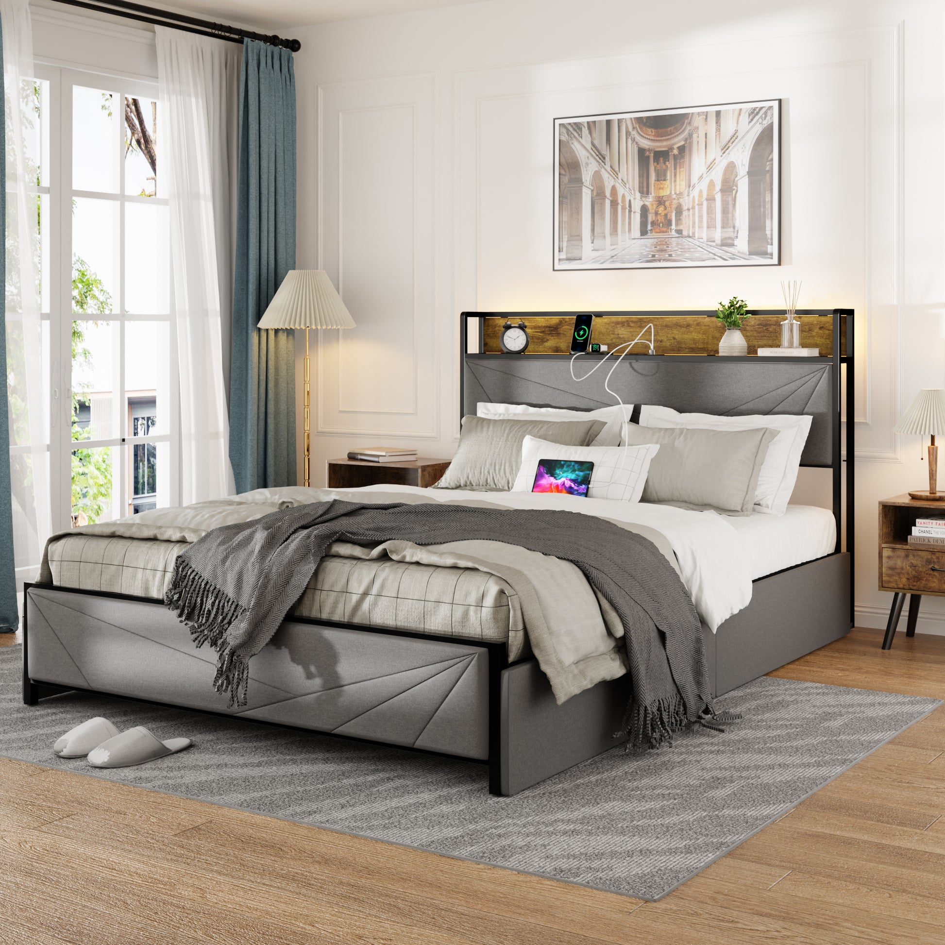 Full Size Bed Frame With 4 Storage Drawers And 2 Usb Ports, Upholstered Platform Bed Frame With Storage Headboard Charging Station And Metal Slat Support, No Box Spring Needed, Dark Grey. Box Spring Not Required Full Dark Grey Metal Bedroom Bed Frame Mdf