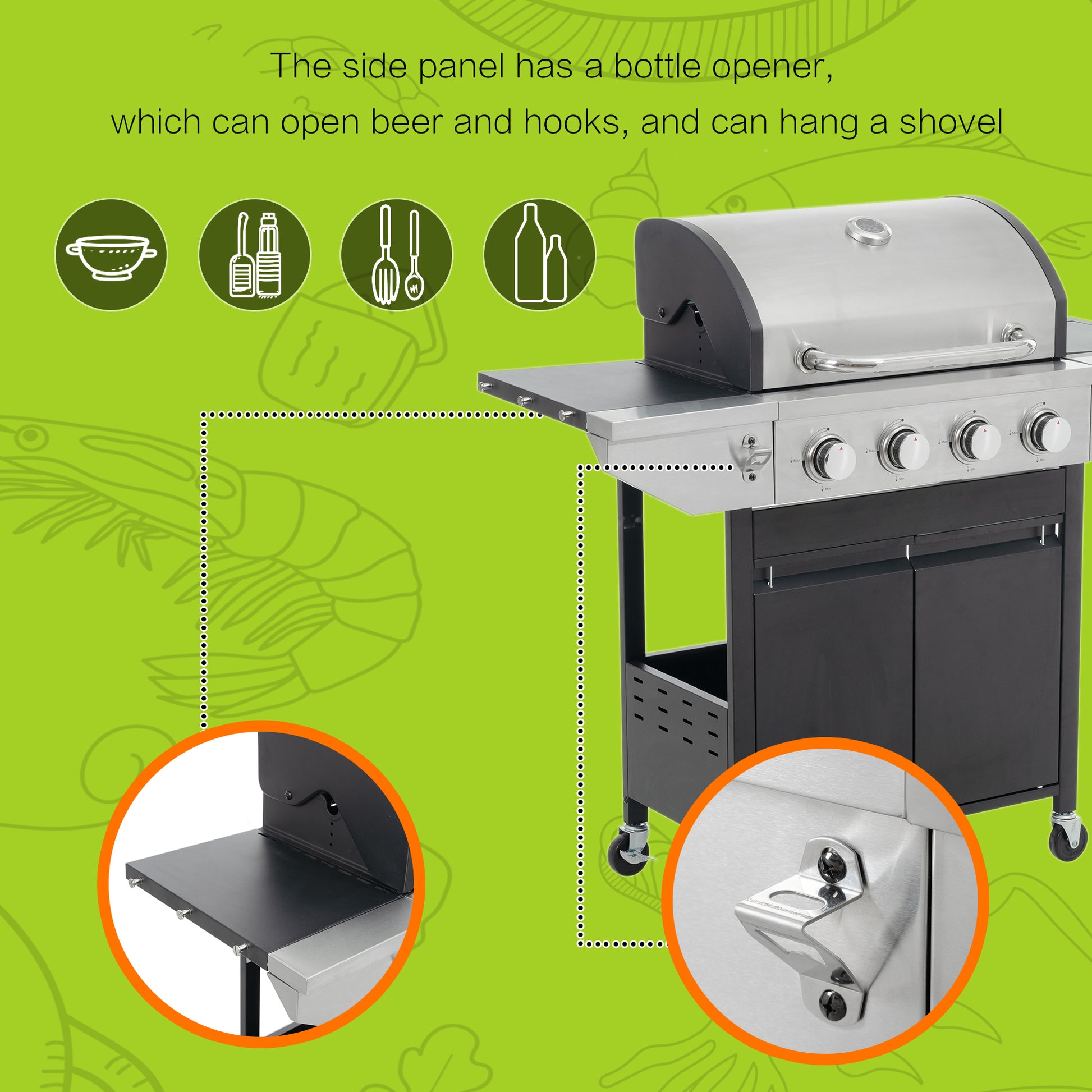 Propane Grill 4 Burner Barbecue Grill Stainless Steel Gas Grill With Side Burner, 46,500 Btu Outdoor Cooking, Patio, Garden Barbecue Grill, Black And Silver Silver Stainless Steel