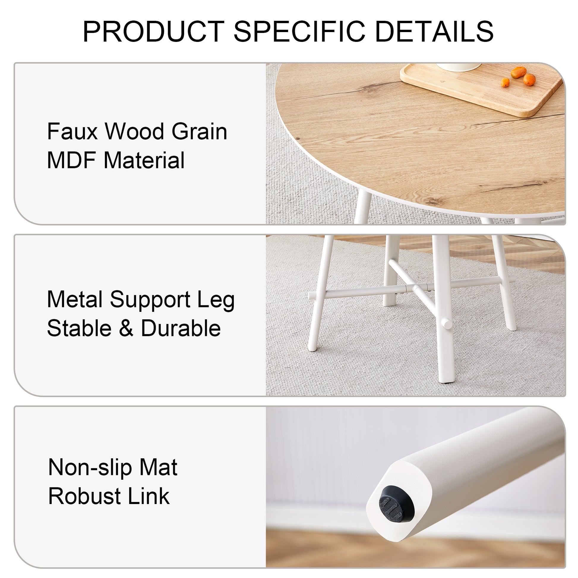 A Modern And Minimalist Circular Dining Table With A 42 Inch Diameter Wood Colorer Patterned Tabletop And White Metal Legs. Suitable For Restaurants, Living Rooms, And Conference Rooms. Brown White Mdf Metal