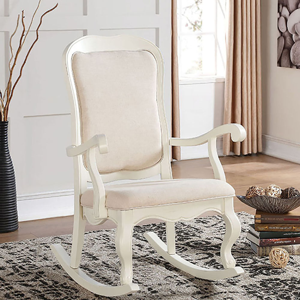 Ivory And Antique White Rocking Chair With Cabriole Leg Solid Ivory Primary Living Space Foam Traditional Rocking Chairs Rubberwood Solid Back Wood Fabric