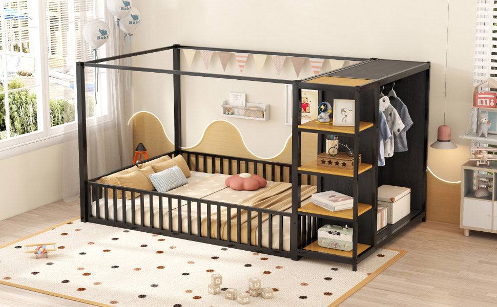 Full Size Floor Bed Frame With Wardrobe, Metal Floor Bed With Storage Shelves, Black Full Black Metal