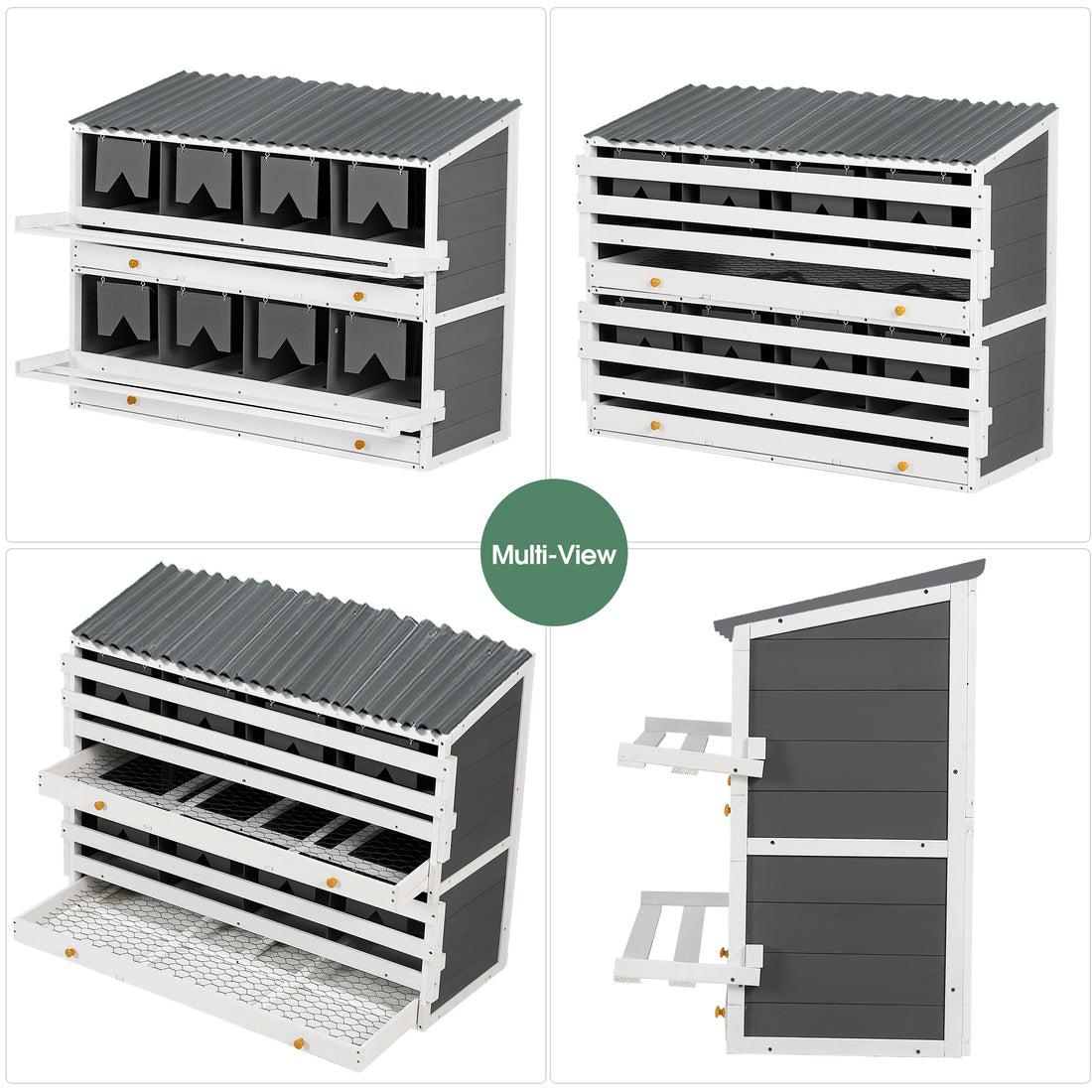 Nesting Boxes For Chickens, Wooden Chicken Nesting Box, 8 Compartments Egg Laying Boxes For Hens, Ducks And Poultry With Rollout Eggs Collection, Pvc Roofing And Foldable Perches, 47"Lx26.4"Wx35.4"H White Gray Solid Wood