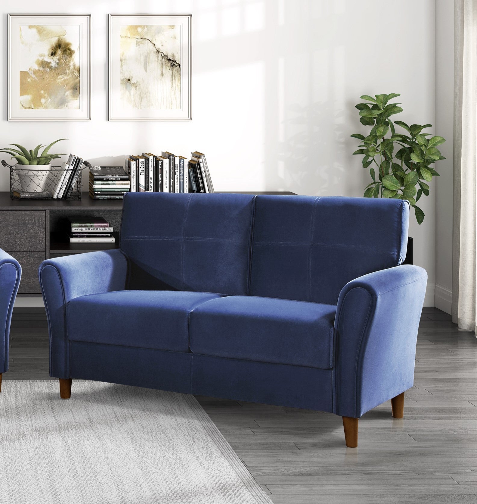 Blue Velvet Upholstery 1Pc Comfort Loveseat Plush Seatbacks Tufted Detail Solid Wood Frame Modern Living Room Furniture Blue Velvet Wood Primary Living Space Modern Flared Arms Solid Wood