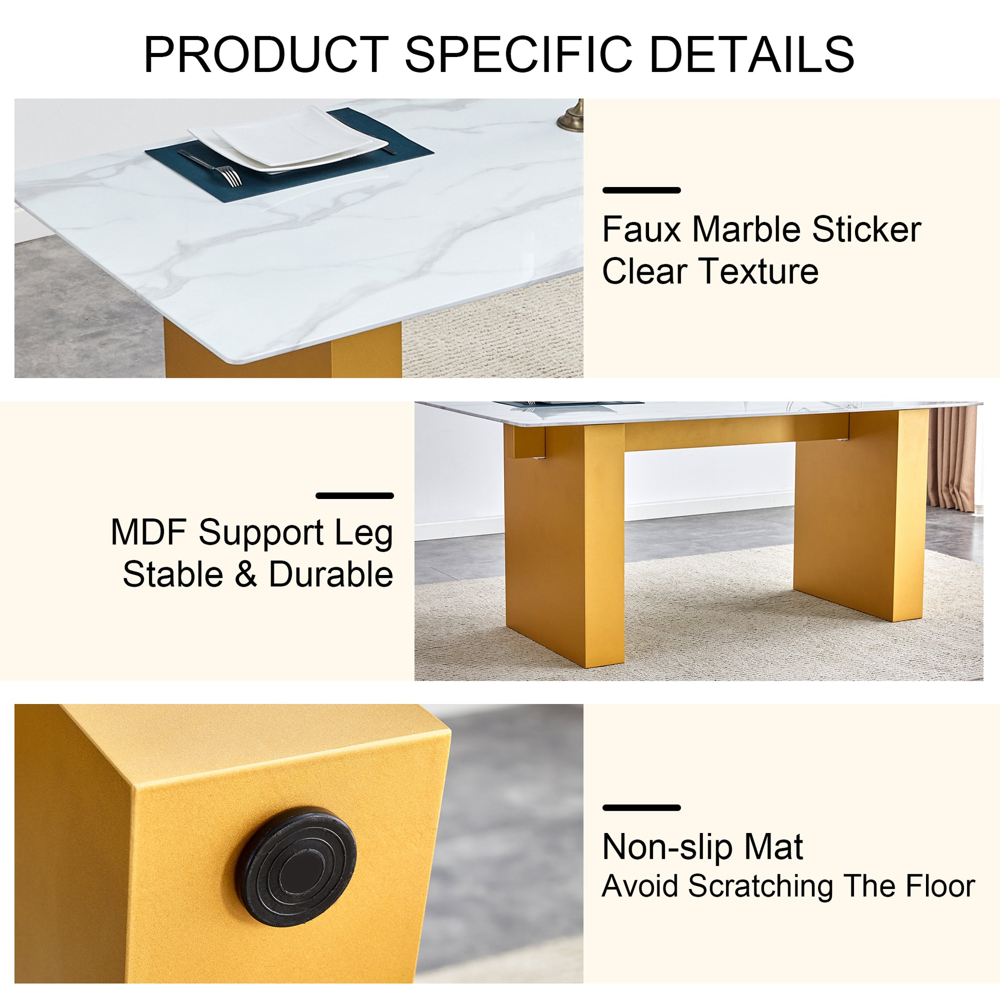 Table And Chair Set.Large Modern Rectangular Table With 0.4 Inch Patterned Glass Tabletop And Large Mdf Table Legs.Comes With 6 Chairs With Faux Leather Cushioned Seats And Golden Metal Legs. Gold White Seats 6 Mdf Glass