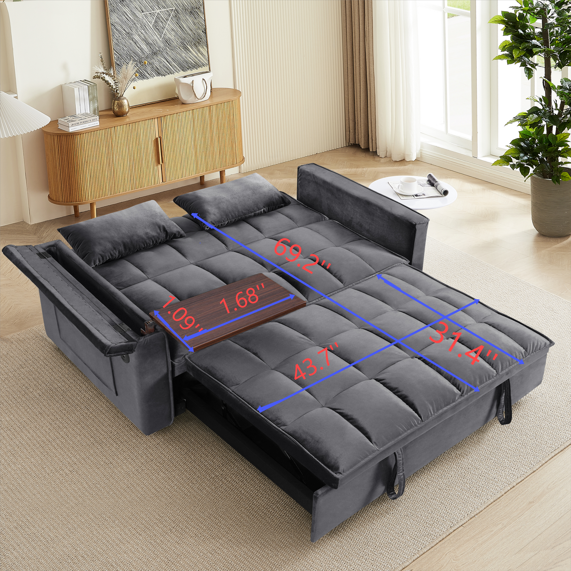55.5 "3 In 1 Foldable Sofa Bed, Modern Velvet Double Sofa, Sofa Bed With Adjustable Back, Storage Bag And Pillow, Hidden Living Room Laptop Desk With Usb Port, Suitable For Living Room, Bedr Dark