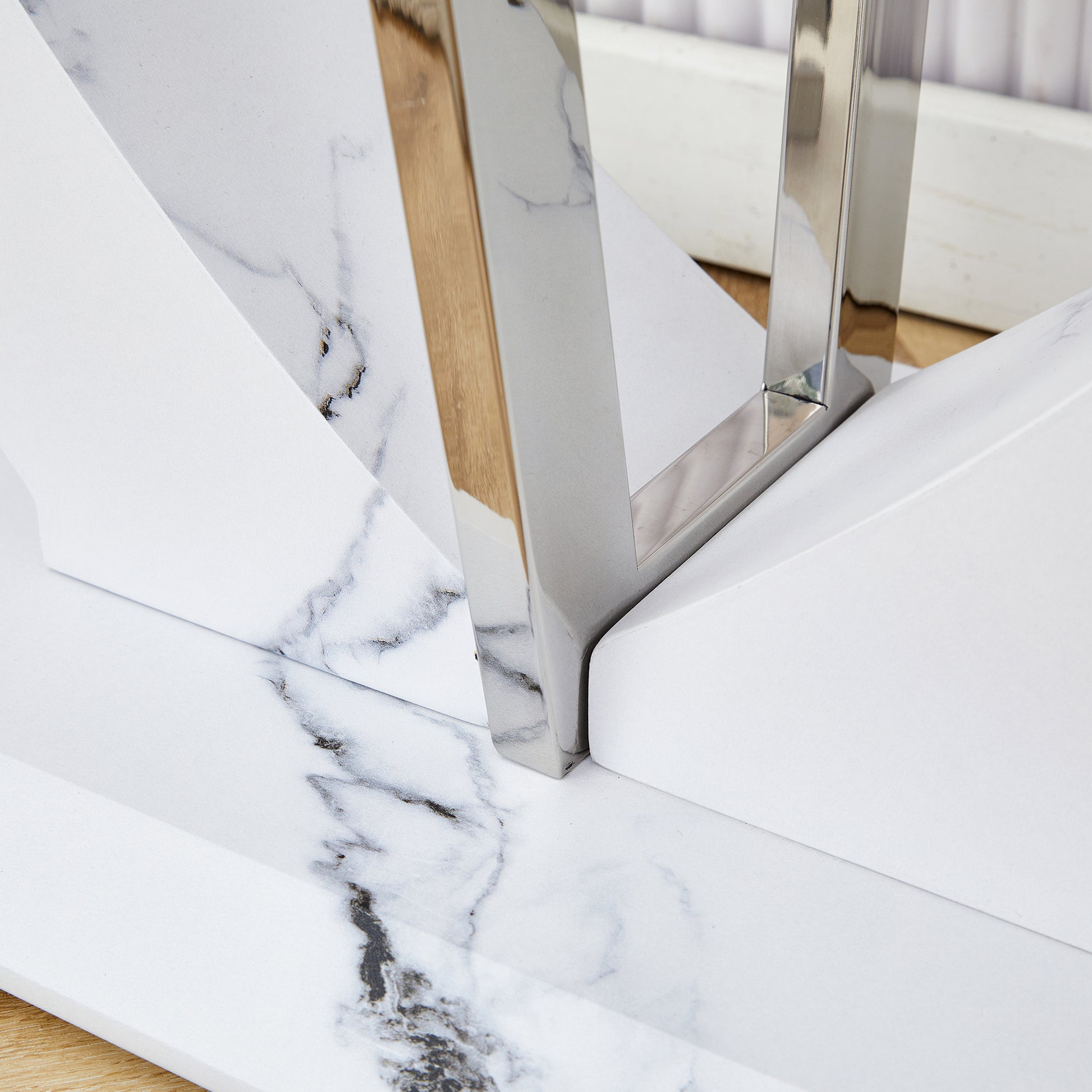 Modern Minimalist Rectangular Glass Table With 0.39 "Tempered Glass Top And Mdf White Patterned Sticker Legs For Entrance And Living Room. Transparent Glass