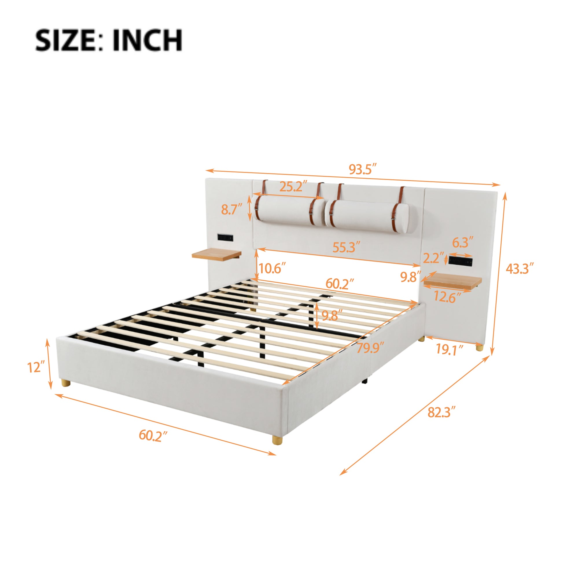 Queen Size Upholstered Platform Bed, Two Outlets And Usb Charging Ports On Both Sides, Two Bedside Pillows, Storage Shelves,Velvet, Beige Queen Beige Mdf Lvl