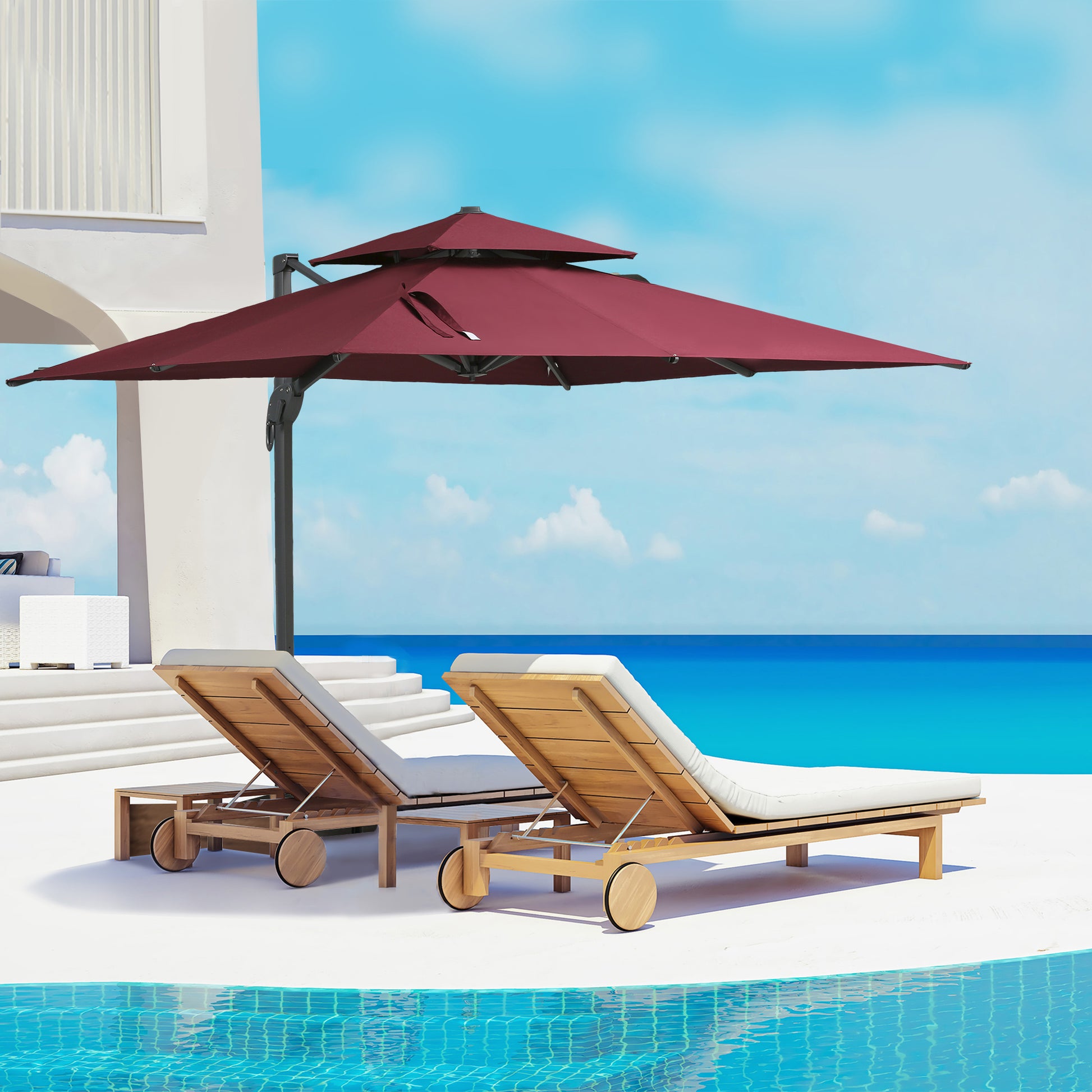 Outsunny 10Ft Offset Patio Umbrella, Hanging Cantilever Umbrella, Square Shape, Aluminum Cross Base, Tilt, 360 Degree Rotation, Red Red Aluminum