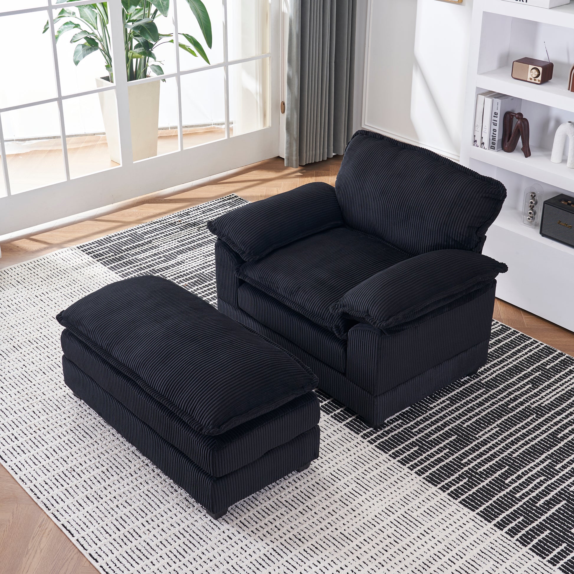 56.3 Inch Corduroy Single Sofa With 2 Toss Pillows And A Ottoman ,Comfy Sofa Deep Seat Couch For Living Room Black Foam 1 Seat