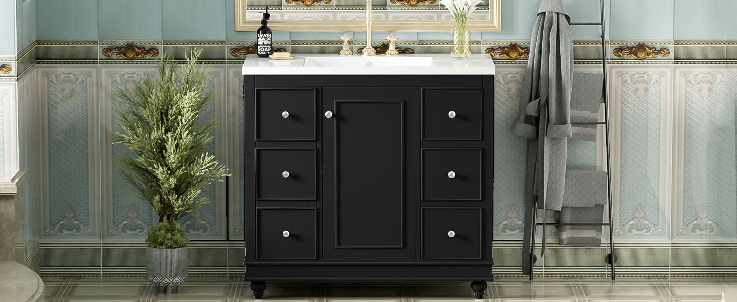 Contemporary Black Bathroom Vanity Cabinet 36X18X34 Inches, 4 Drawers & 1 Cabinet Door, Multipurpose Storage, Resin Integrated Sink, Adjustable Shelves, Solid Wood Frame With Mdf Black Bathroom