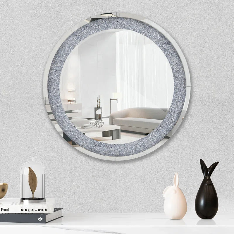 31.5" Crushed Diamond Decor Round Wall Mirror Silver Art Deco,Modern Mdf Glass,Mirror