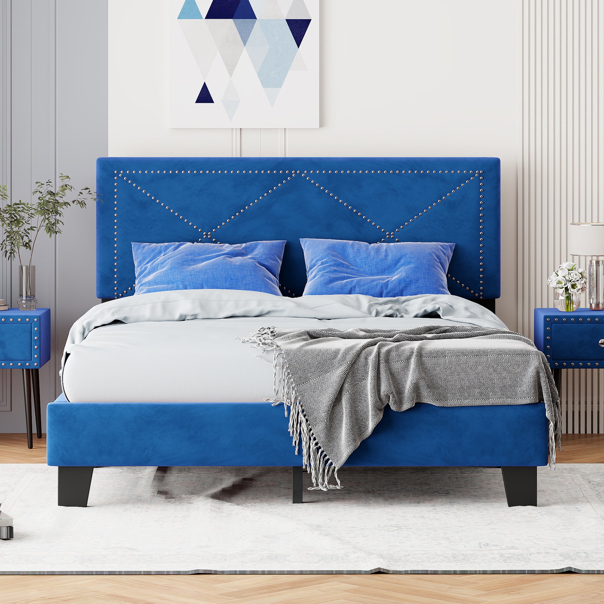 Simple Queen Size Upholstered Bed Frame With Rivet Design, Modern Velvet Platform Bed With Headboard, Blue Queen Blue Bedroom Bed Frame Velvet Solid Wood Mdf