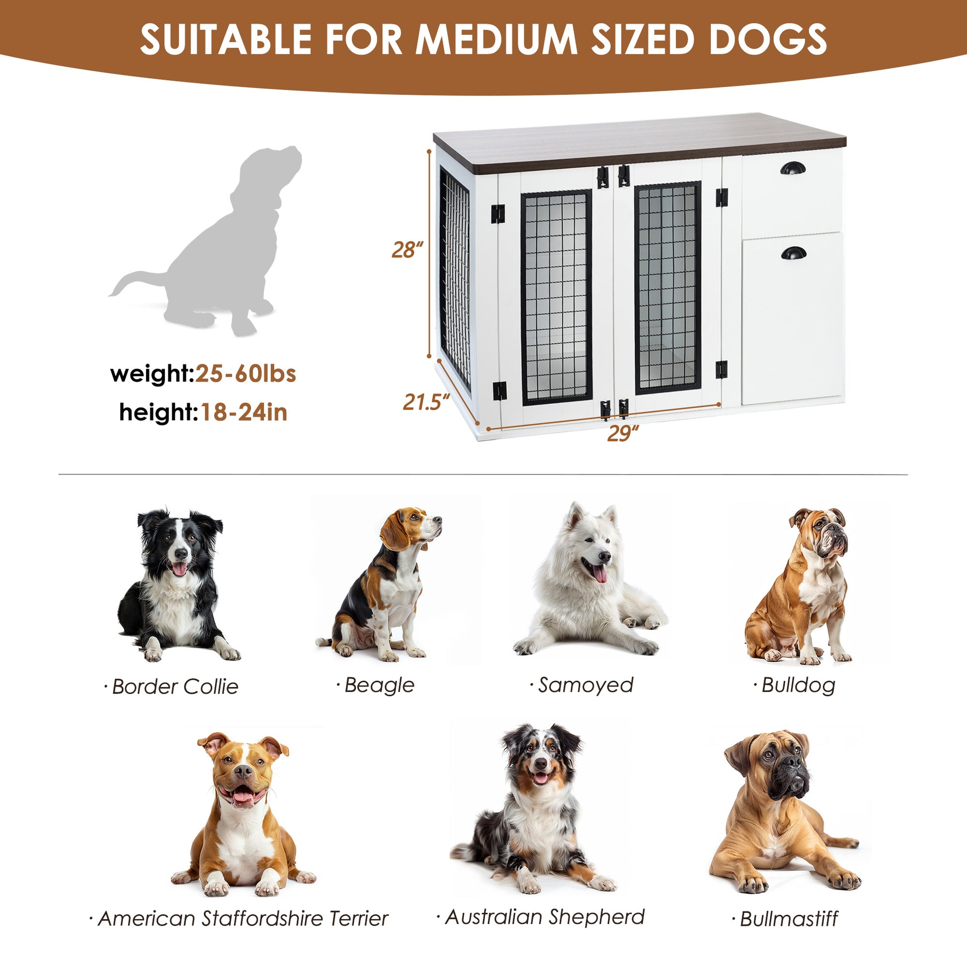 Furniture Style Dog Cage, Wooden Dog Cage, Double Door Dog Cage, Side Cabinet Dog Cage, Dog Crate White Deep Walnut American Design Particle Board