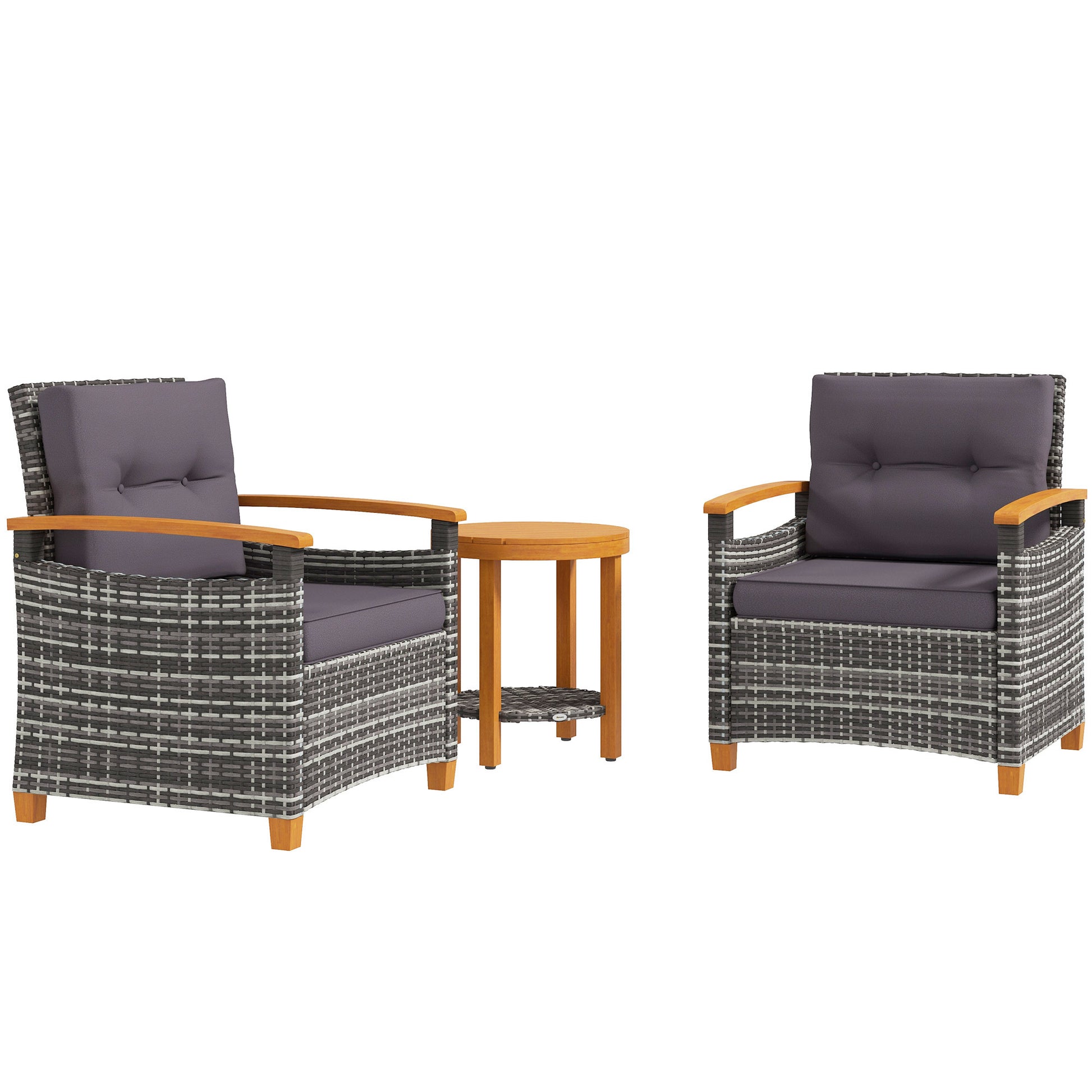 Outsunny 3 Pieces Patio Bistro Set Wooden With Cushions, Pe Wicker Patio Furniture Outdoor For Porch, Backyard, Garden, Gray Gray Rattan Metal