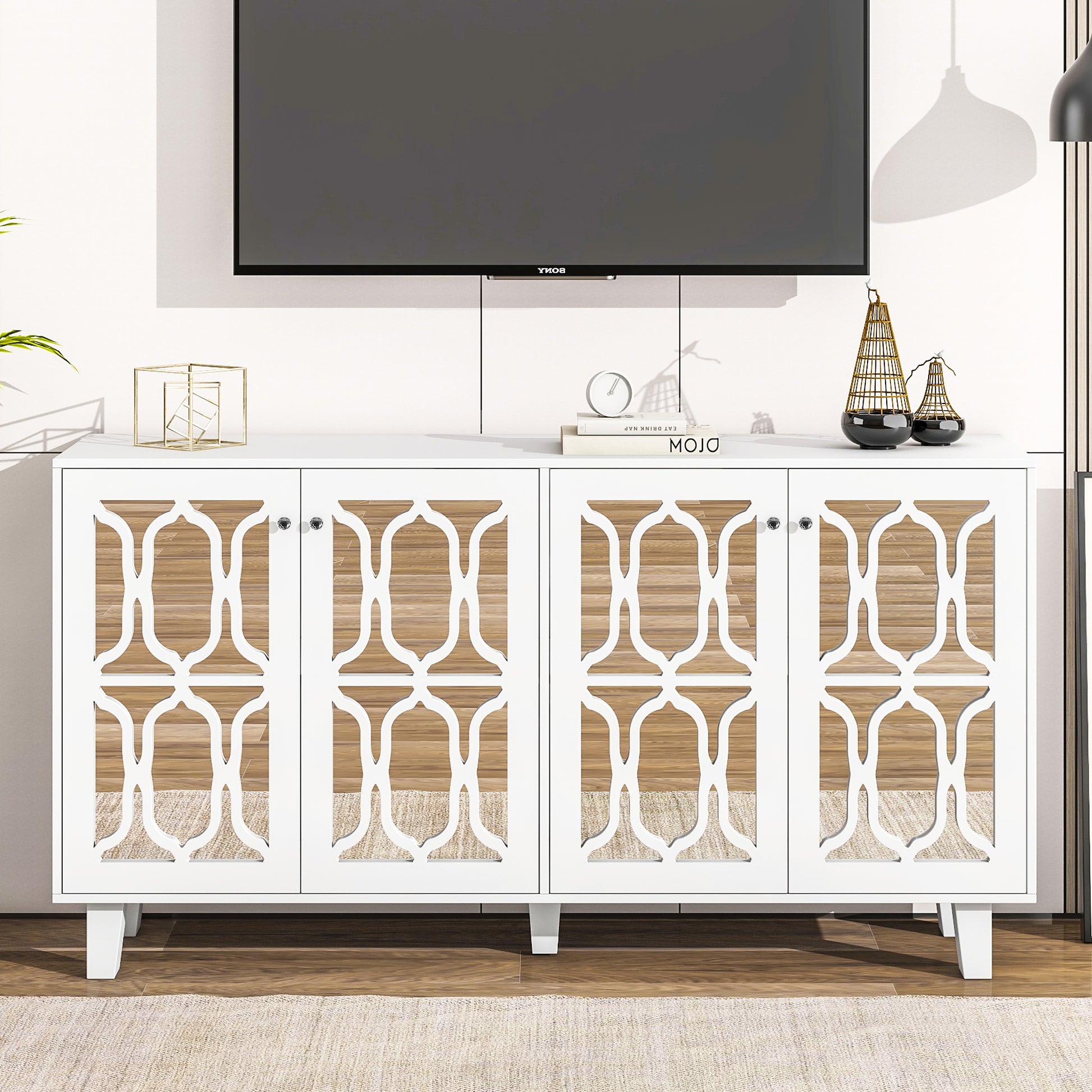 Buffet Cabinet With Adjustable Shelves, 4 Door Mirror Hollow Carved Tv Stand For Tvs Up To 70'', Multi Functional Console Table With Storage Credenza Accent Cabinet For Living Room, White 3 4 Spaces White Primary Living Space Adjustable Shelves Mdf