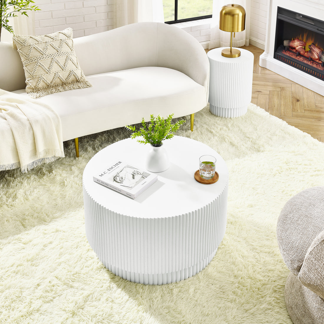 15.72 Inch H Barrel Coffee Table, Nordic Style, Simple Design, Suitable For Indoor And Outdoor Use, Magnesium Oxide Material, Suitable For Living Room, Bedroom Or Garden Sofa White Black Magnesium