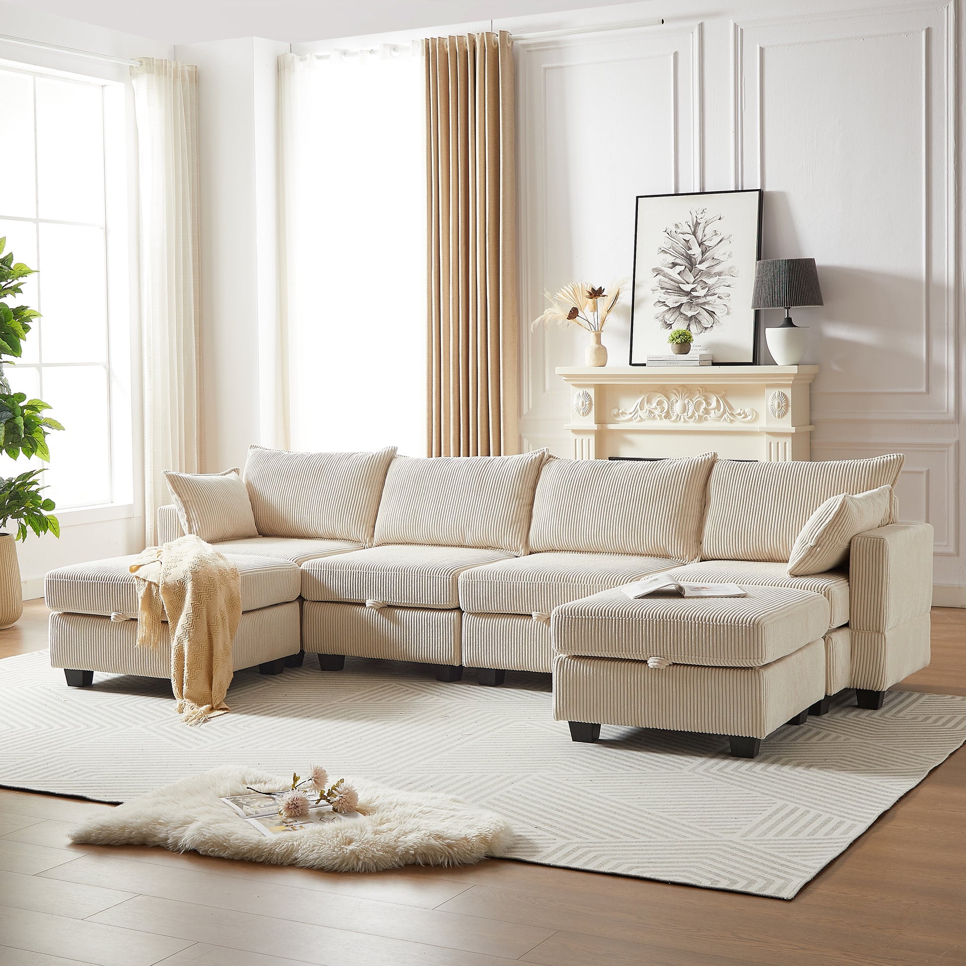 113.5'' Modular Sectiona Corduroy Sofa, Sectional Couches For Living Room U Shaped Sectional Couch With Storage Ottoman, 6 Seats Convertible Sectionals With Chaise Beige Corduroy 3 Seat