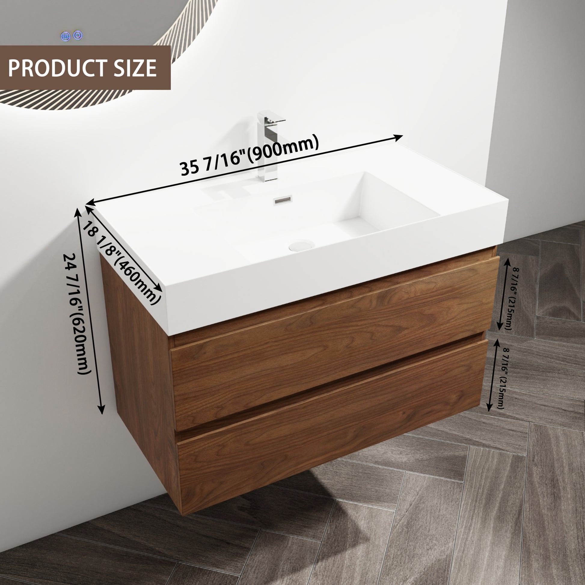 36" Wall Mounted Bathroom Vanity With Resin Sink, 2 Soft Close Drawers, Kd Package 2 Brown Oak Bathroom Wall Mounted Modern Plywood