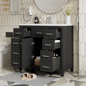 36 Inch Modern Bathroom Vanity Cabinet With Multifunctional Storage Space 5 Drawers And 1 Door Black Bathroom Solid Wood Mdf Resin