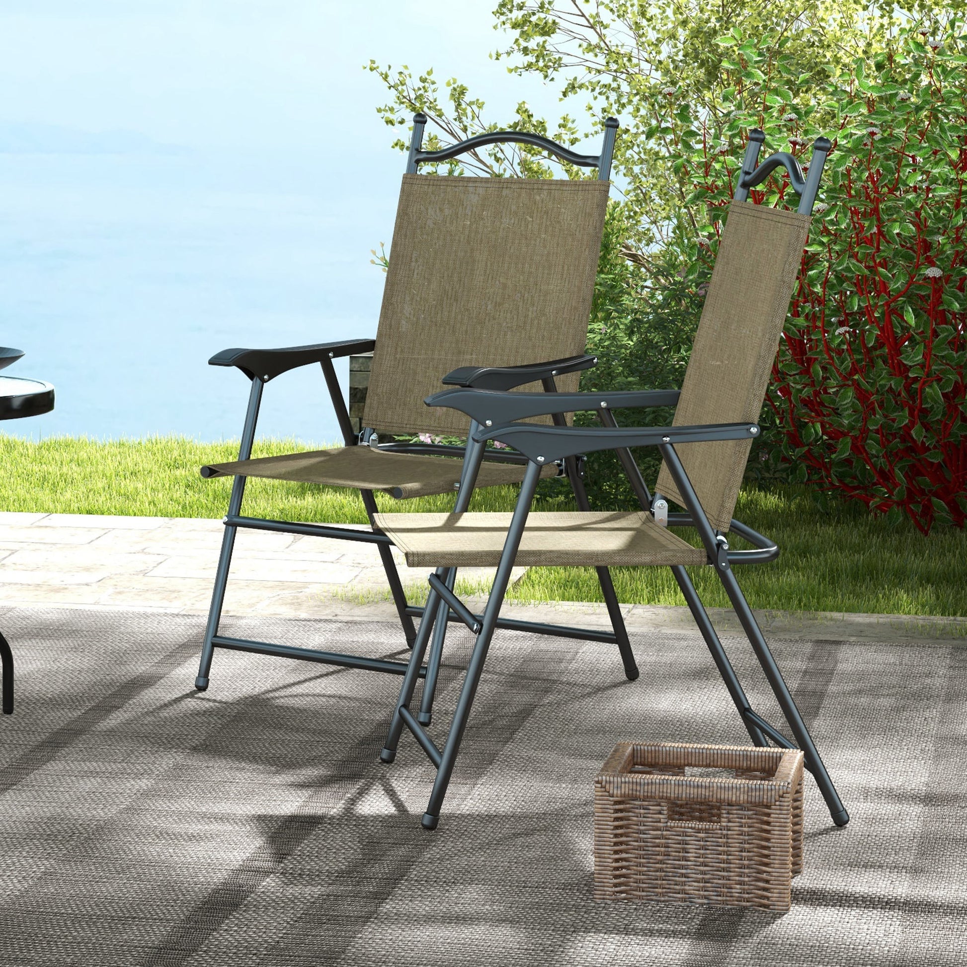 Outsunny Folding Patio Chairs, Set Of 4 Sports Chairs For Adults, Camping Chairs With Armrests,Mesh Fabric Seat For Lawn, Beige Beige Metal