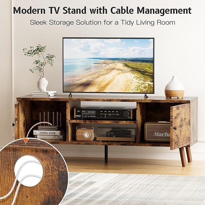 Tv Stand For 55 60 Inch Tv, Entertainment Center With Storage Cabinet, Media Console Table 2 Cabinet, Soft Hinge, Handle Door, Wooden Living Room, Office Furniture, Brown Brown 50 59 Inches Wood