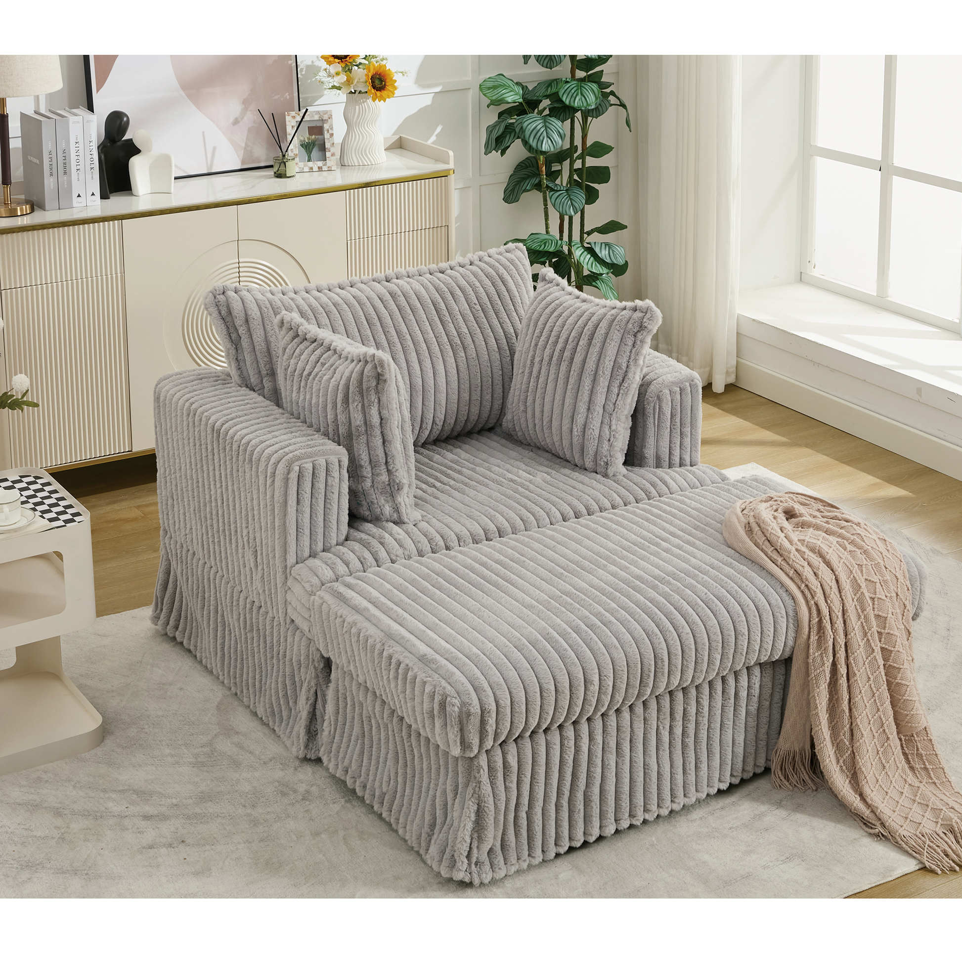 Arrived 47.7'' Oversized Corduroy Chaise Longue With Ottoman, Deep Seat Reclining Chair Sofa, Comfy Thicked Upholstered Pad Chair ,With Foot Stool ,Oversize, Movable Ottoman,Light Gray Light Gray