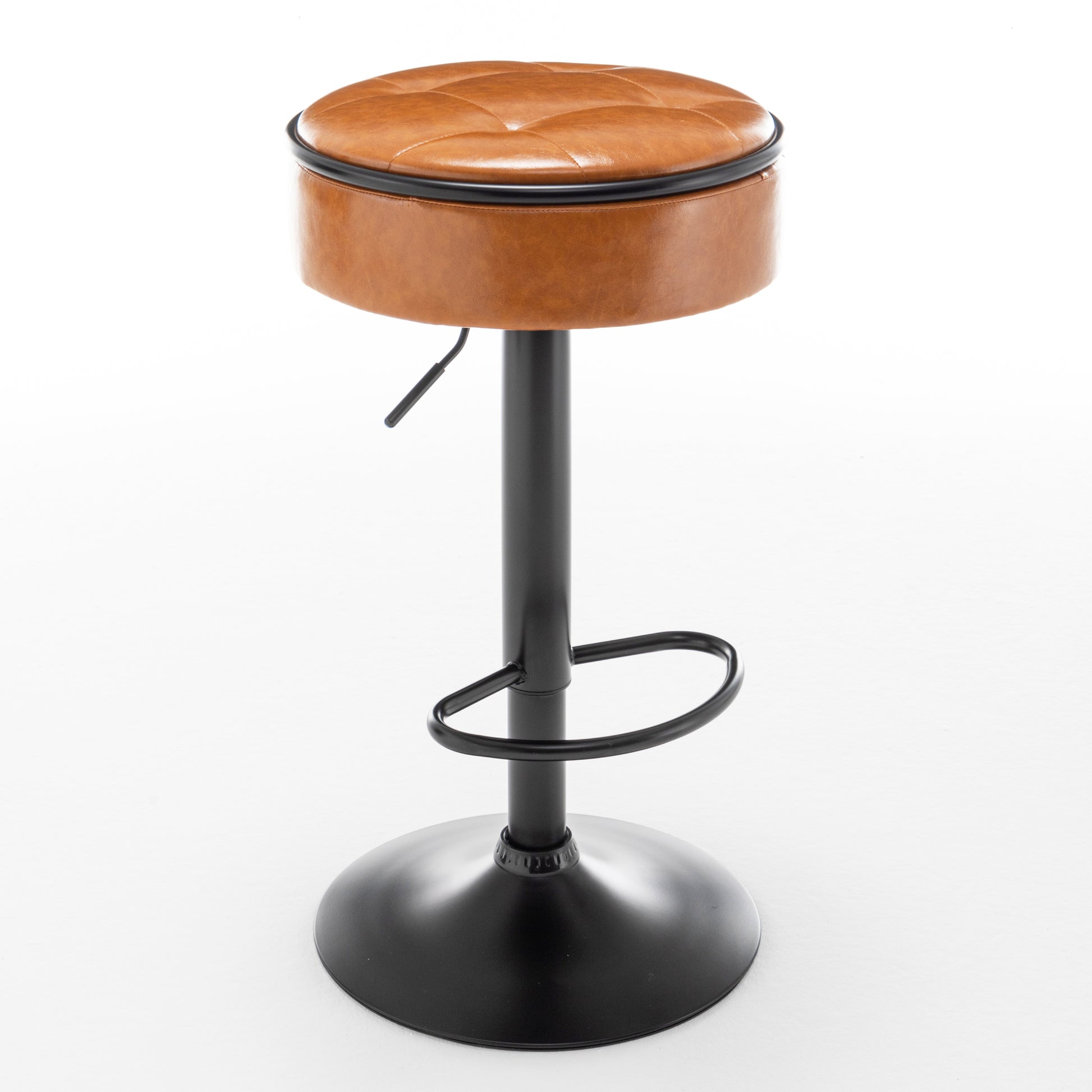 Round Storage Bar Stool Set Of 2, Brown Faux Leather Height Adjustable Barstool, 360 Counter Height Swivel Stool, Armless Bar Chair With Metal Frame For Kitchen Counter Dining Living Room Brown Set Of 2 Foam Pu Leather