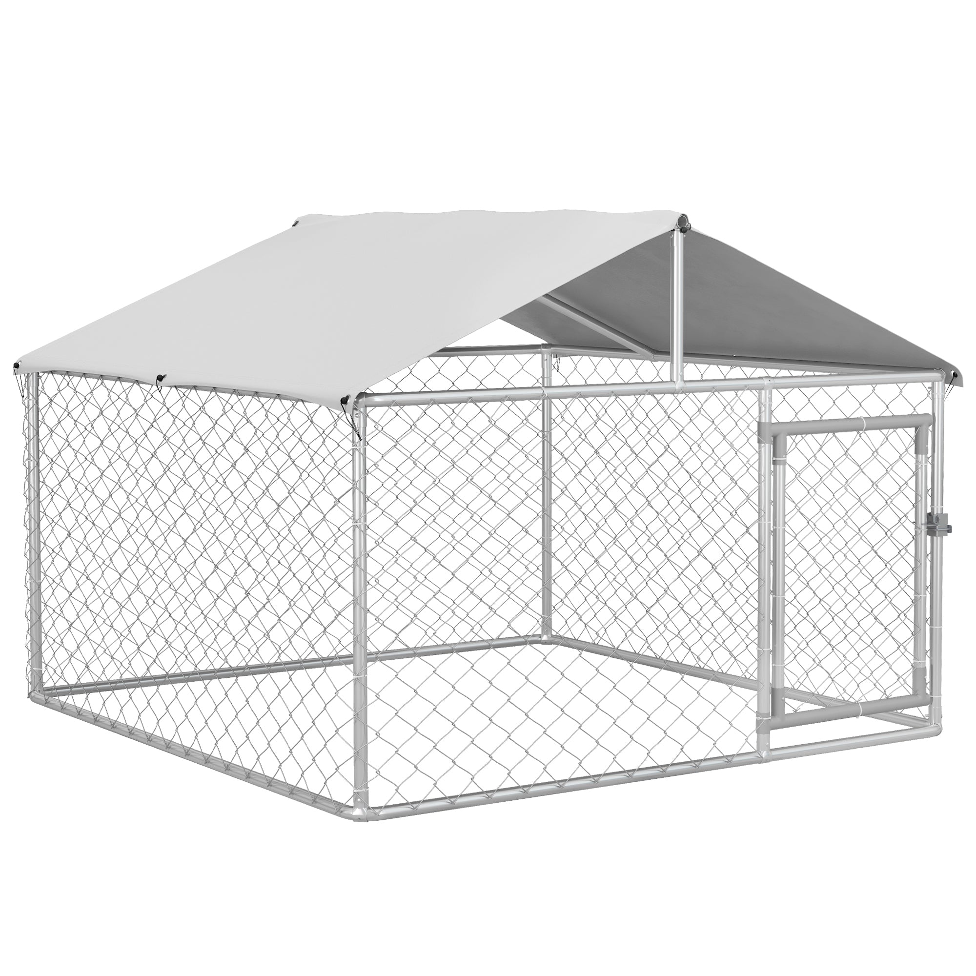 Pawhut Large Dog Kennel Outside, Heavy Duty Dog Cage With Waterproof Cover, Outdoor Fence Dog Run With Galvanized Chain Link, Secure Lock, 6.6' X 6.6' X 4.9' Silver Steel