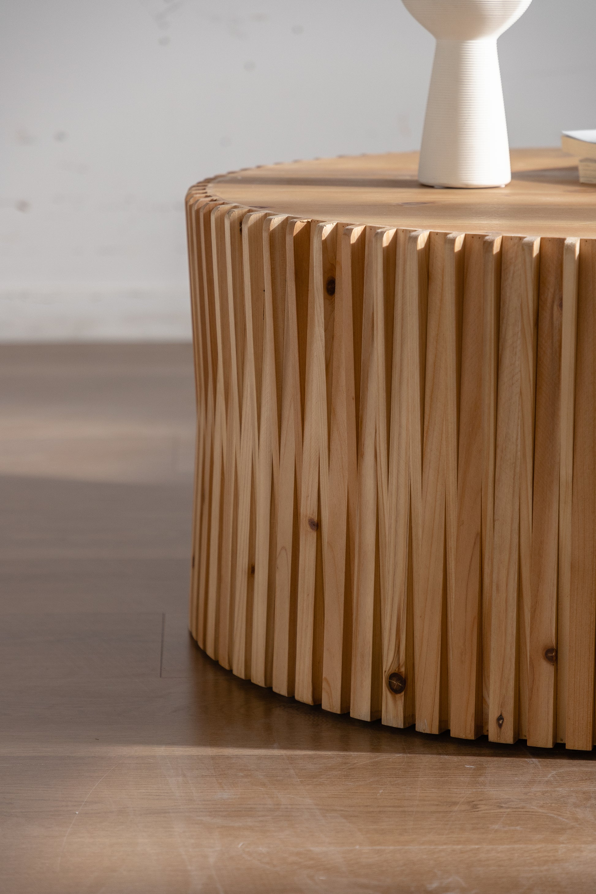 31.5" Retro Fashion Style Cylindrical Coffee Table With Vertical Texture Relief Design,Suitable For Living Room,Office,And Dining Room Natural Fir Wood