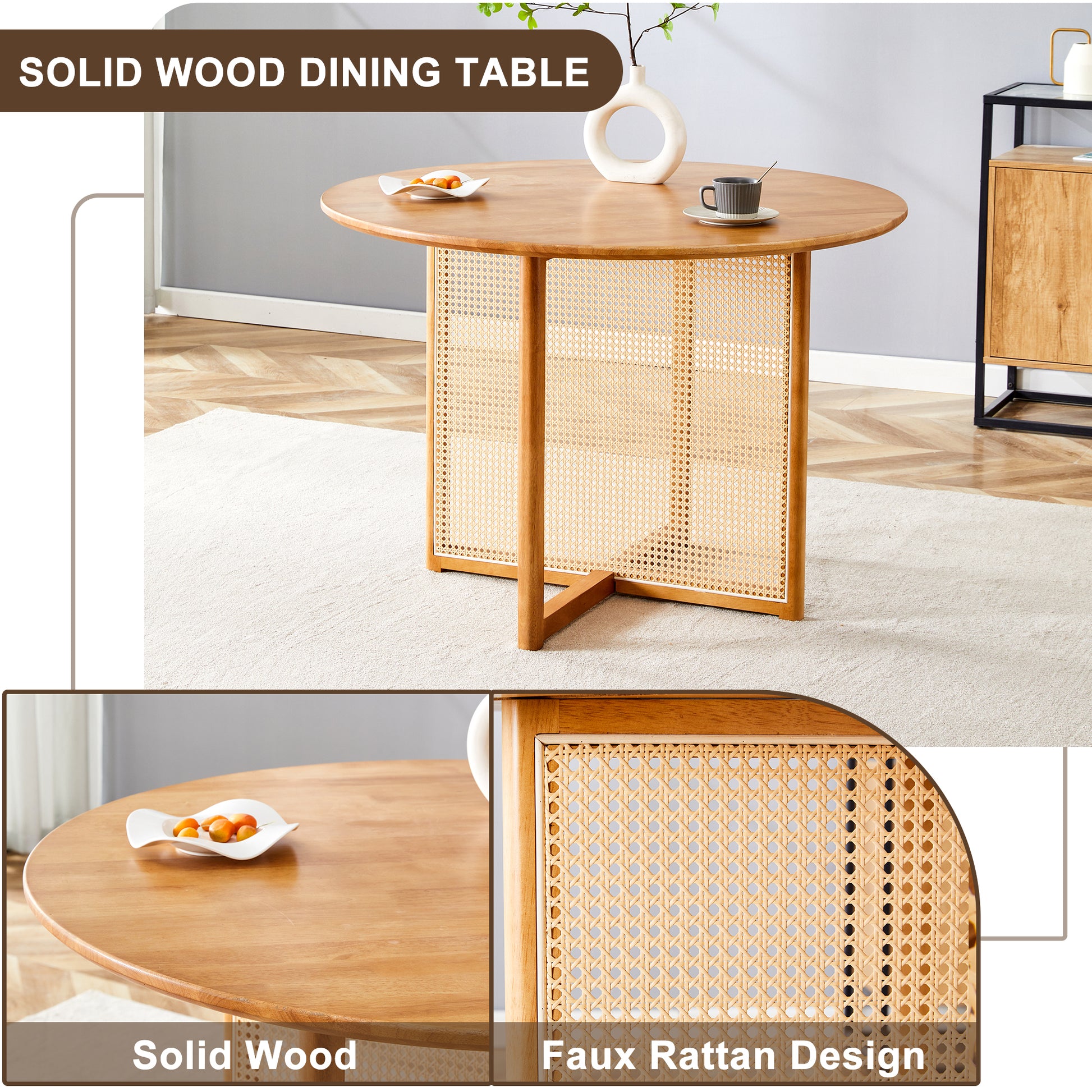 Table And Chair Set, Ancient Style Solid Wood Dining Table, Imitation Rattan Table Legs, Beautiful Simple Solid Wood Dining Chair, Perfect For Dinner, Meetings, Home And Office Decoration Wood Rubber Wood
