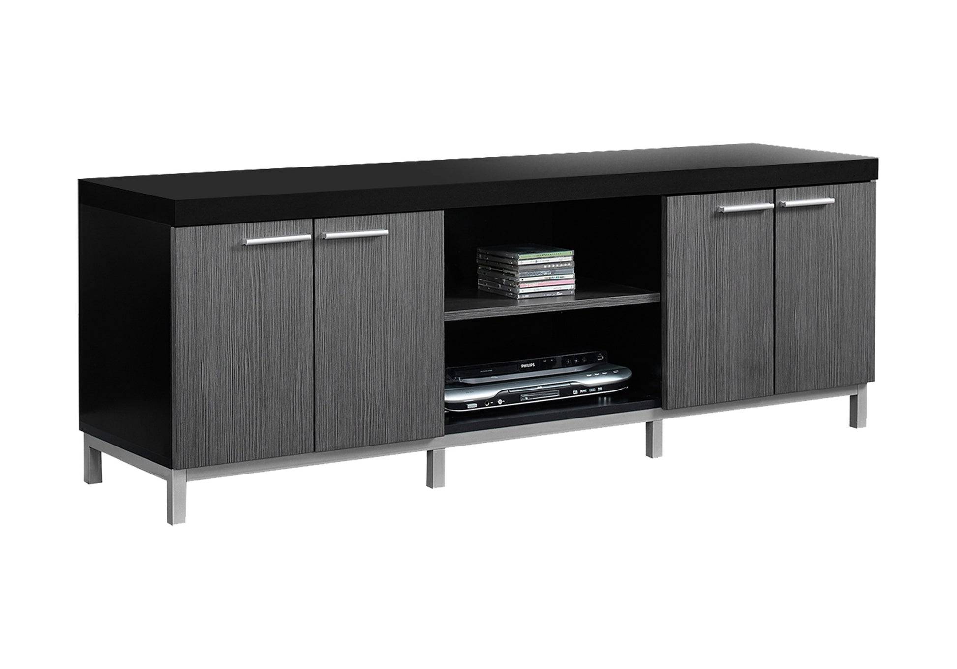 Tv Stand, 60 Inch, Console, Media Entertainment Center, Storage Cabinet, Living Room, Bedroom, Black And Grey Laminate, Contemporary, Modern Black 80 89 Inches Particle Board