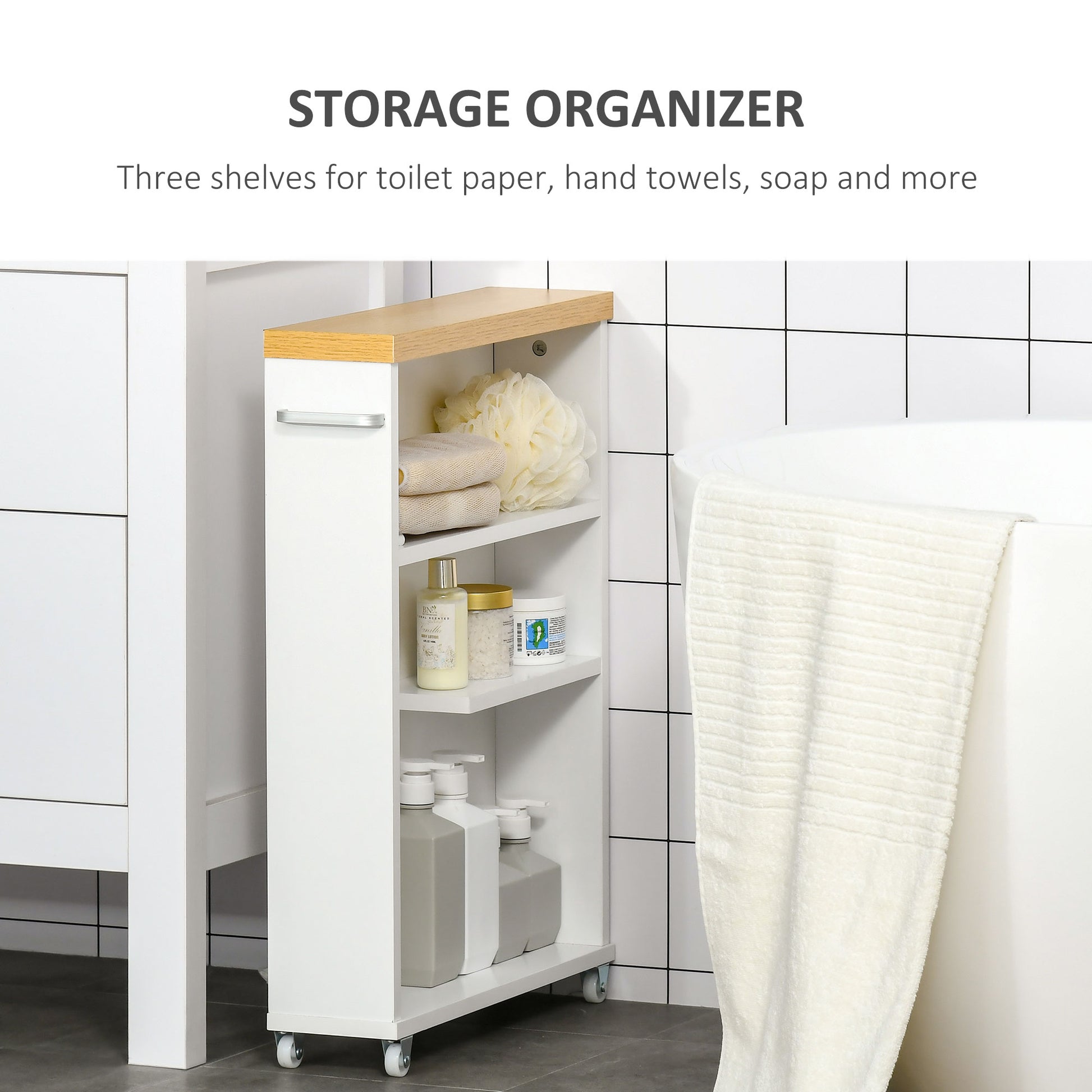 Kleankin Slim Bathroom Cabinet With Wheels Storage Organizer, White White Particle Board